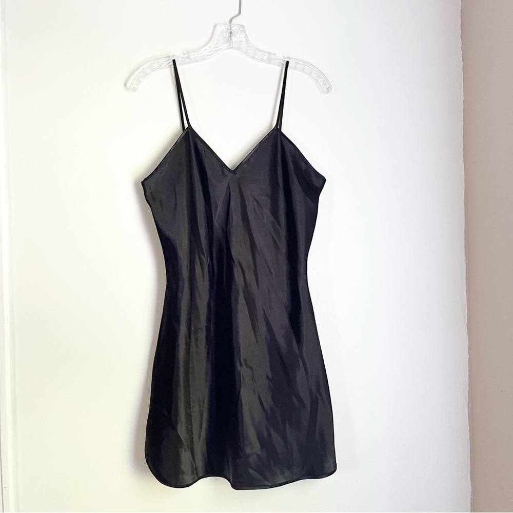 Vintage Cadaz Charcoal Black Luxurious Satin Slip Dress with V-Neck, Vented Hem